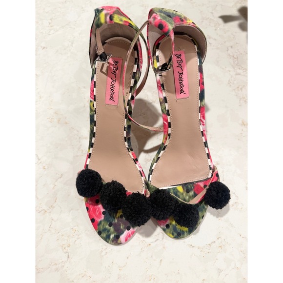 Betsey Johnson Shoes - Betsey Johnson Lylly Floral Polka Dot Pom Pom Stiletto Heels Sandals Size 9B